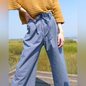 Micaela Greg Wide Leg High-Rise Paperbag Pants in Blue Gingham